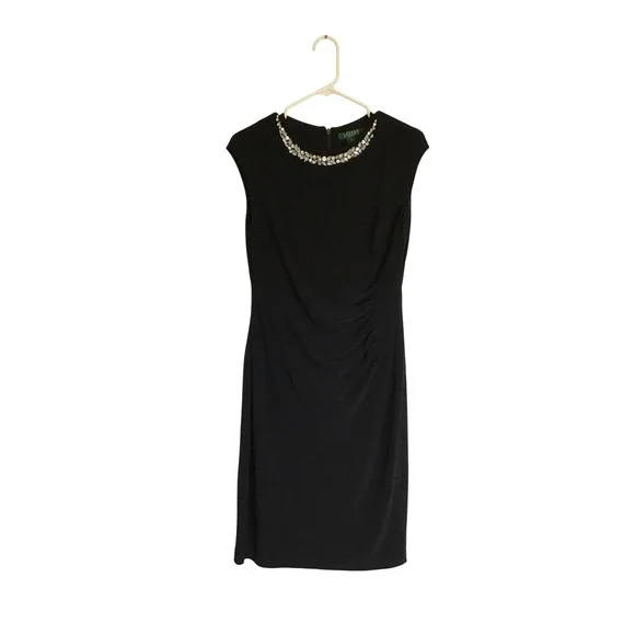 Ralph Lauren Women's Black Embellished Neck Ruched Sheath Dress Size 10 - Picture 2 of 6